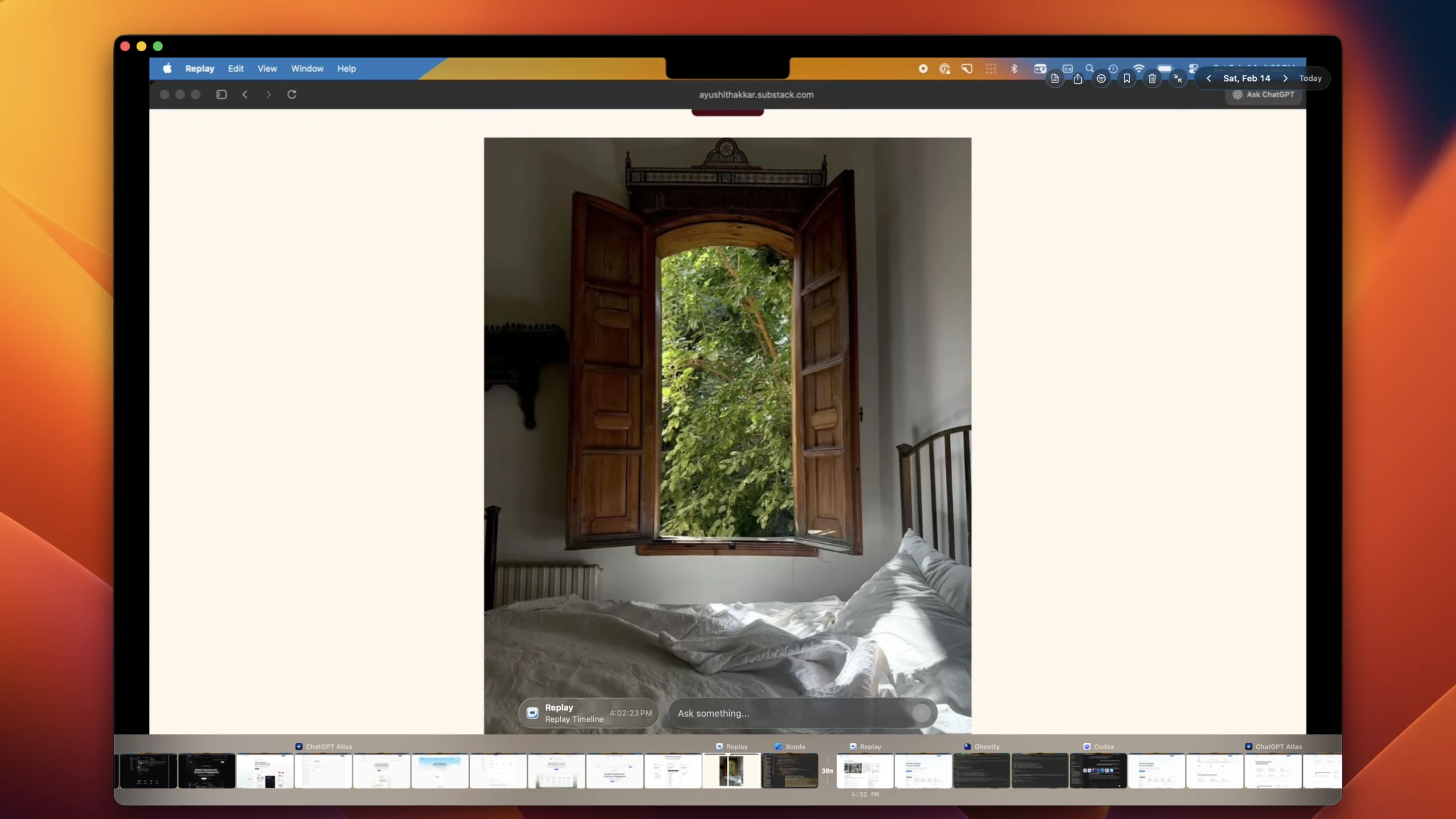 Replay timeline window with scrubber and ask bar